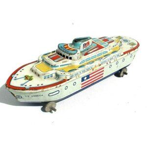 Vintage S.S. AMERICA 7" Tin Toy Ship WYANDOTTE TOYS Boat USA Lithograph Graphics